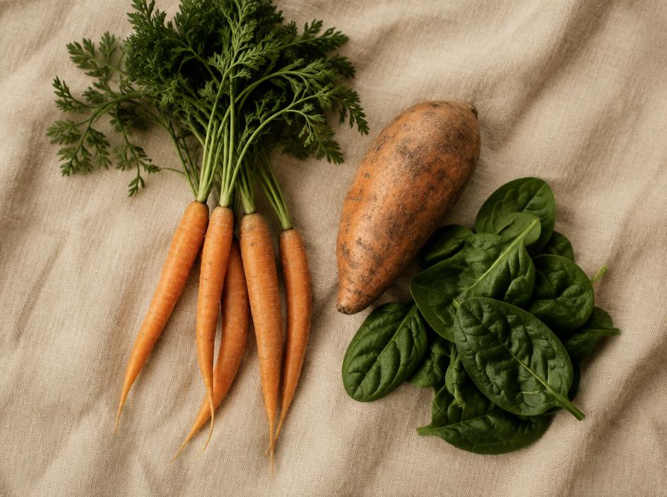 Carrots, sweet potato and spinach on linen