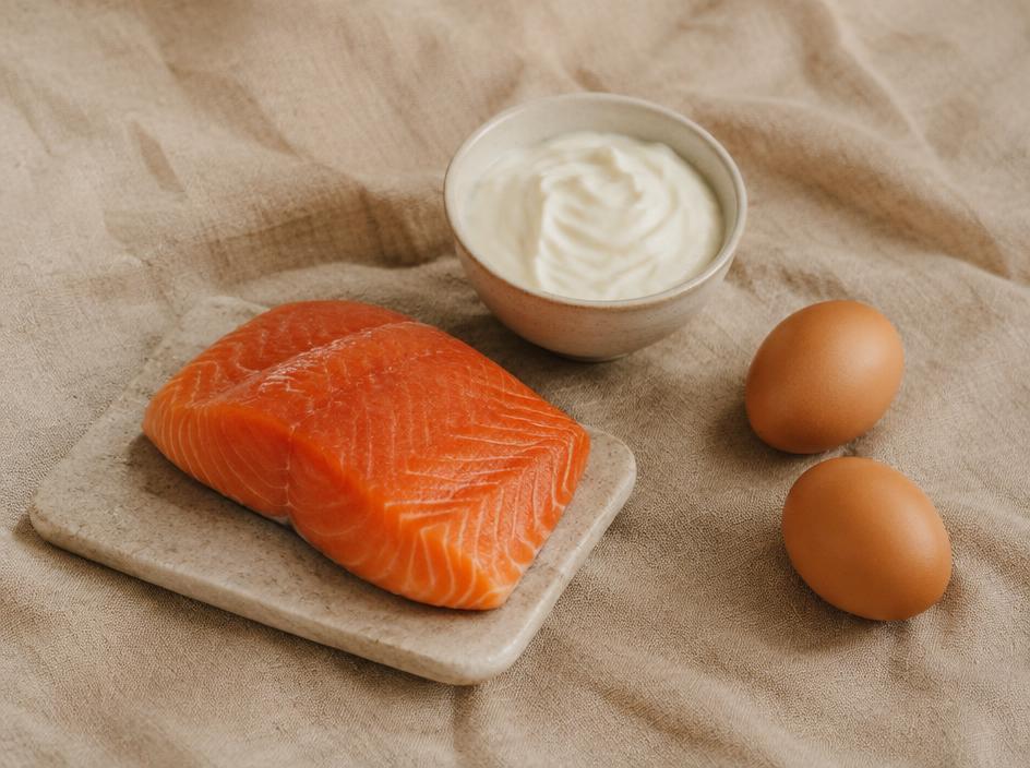 Salmon fillet, a bowl of yogurt and eggs on linen