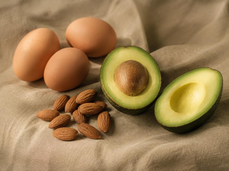 Eggs, almonds and avocado halves on linen