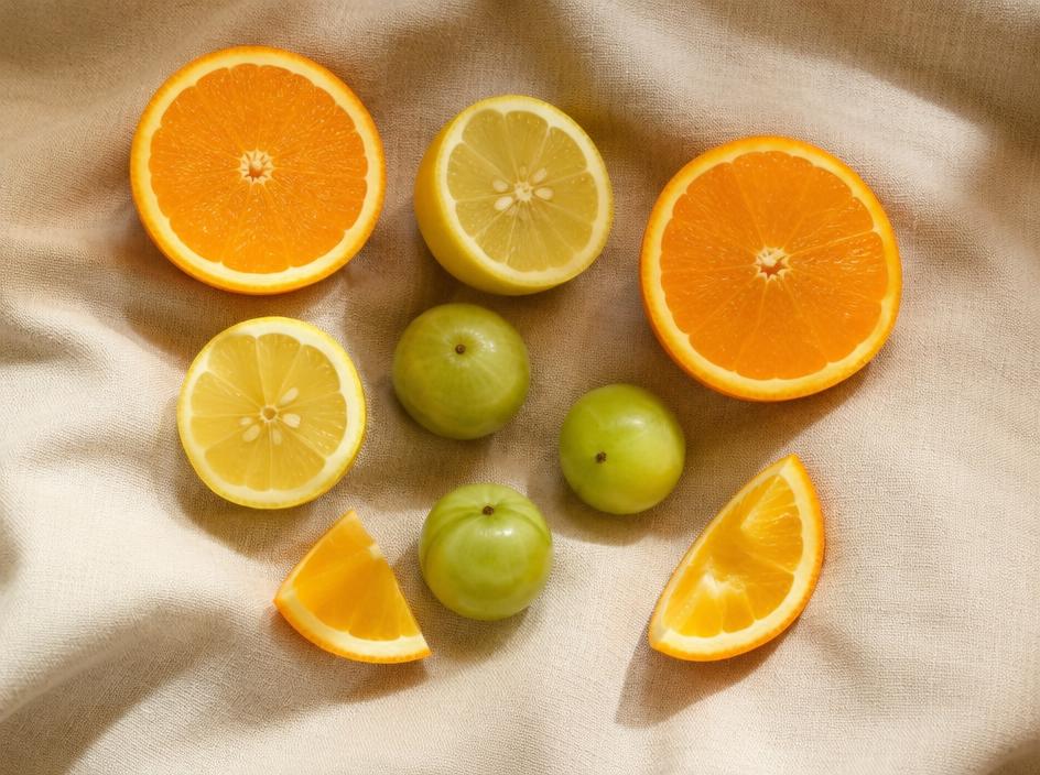 Sliced oranges, lemons and amla on linen