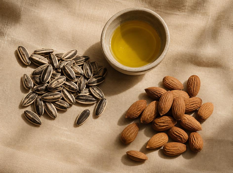 Sunflower seeds, almonds and a bowl of oil on linen